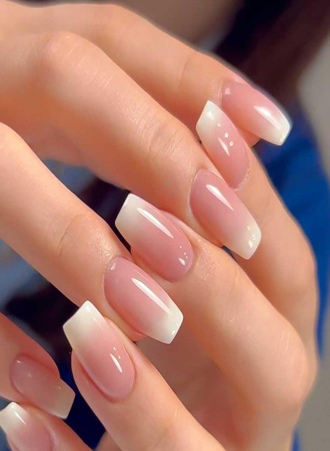 RikView French Tip Coffin Press-on Nails 24 PCs/Set (12 Sizes) Glossy Pink ABS Material - Image 1